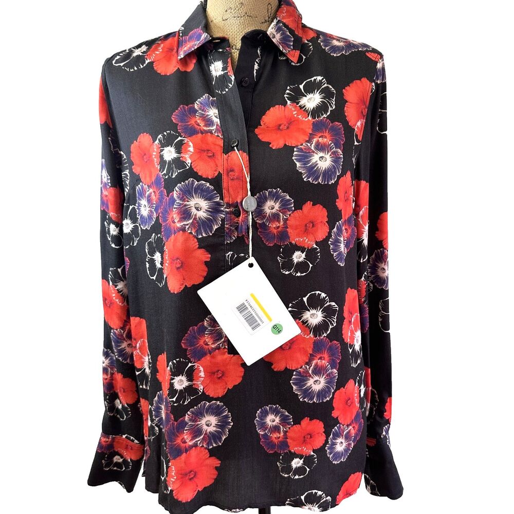 Massimo Rebecchi Women's Black Floral Long Sleeve Button Up Polo Shirt Sz 6/42